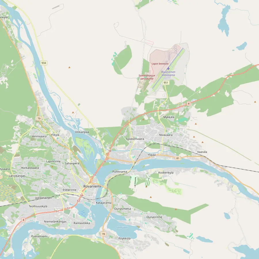 Karte von Rovaniemi mit Ounasvaara, Arktikum, Zentrum, Flughafen und Weihnachtsmann-Dorf